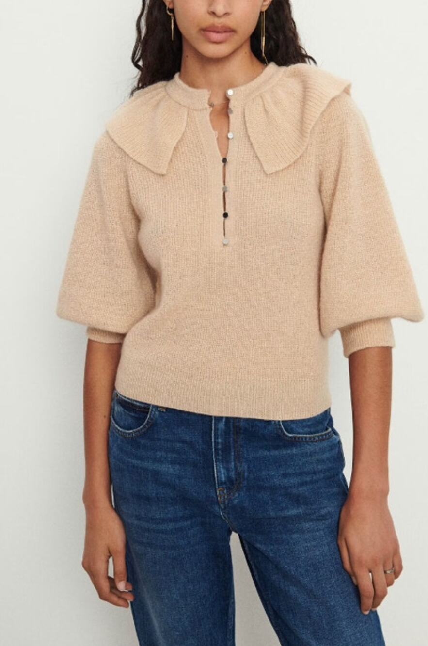 Ba&sh Hoa Pullover Cotton Wool Mohair Ruffle 3/4 Balloon Sleeve Sweater, Cream